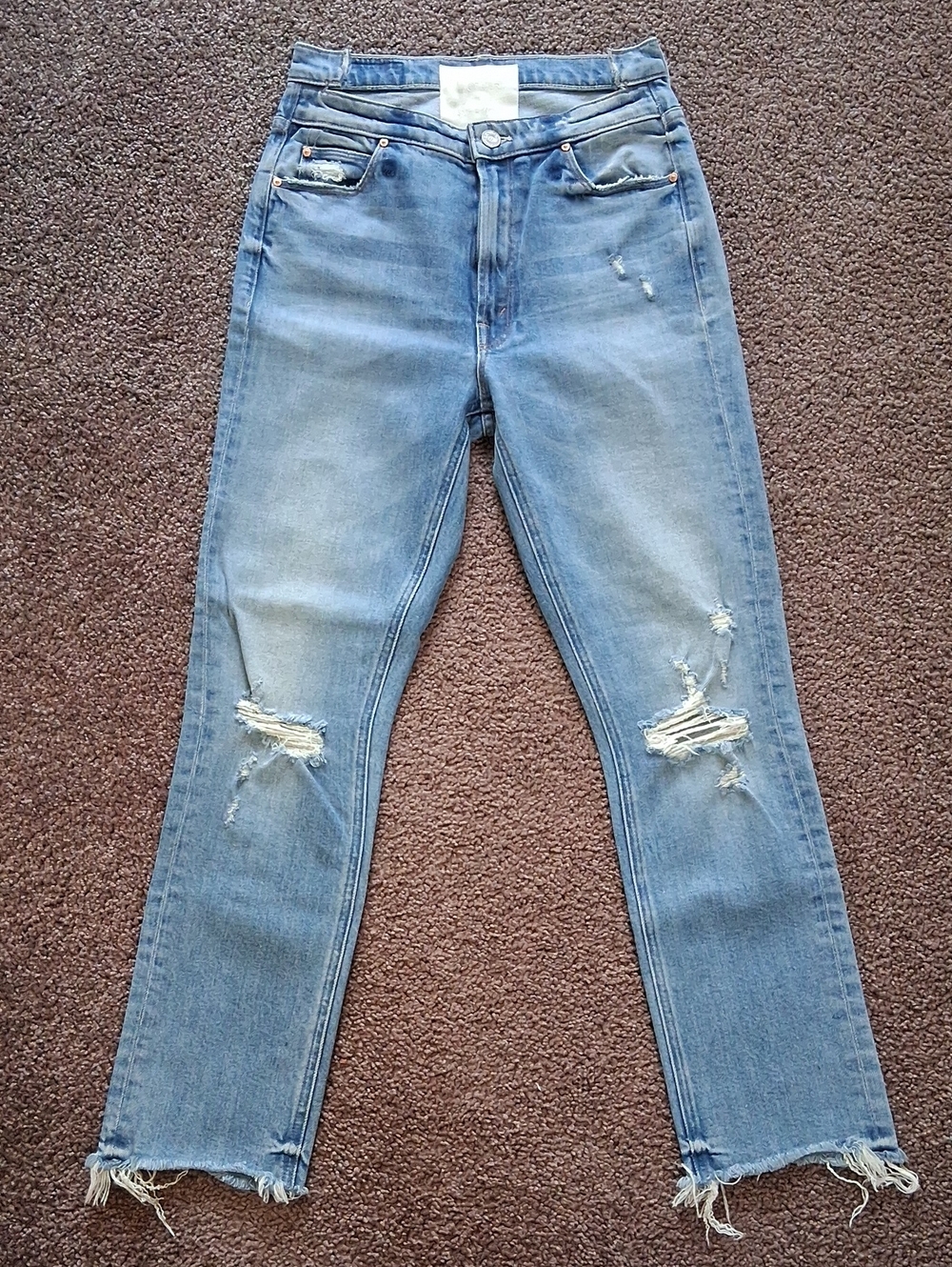 MOTHER Dazzler Shift Chew Light Blue Distressed Straight-Leg Jeans